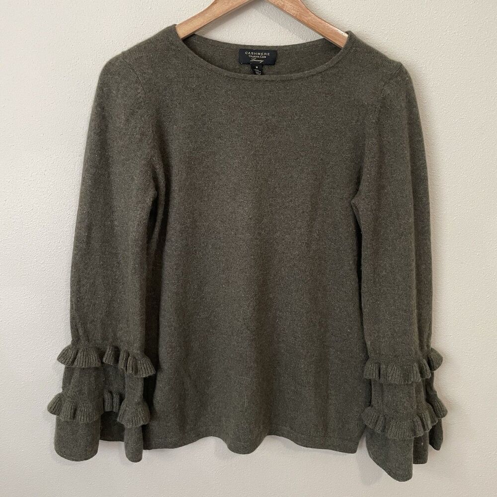 Charter Club Cashmere Sweater Olive Green Ruffle Bell Sleeves Luxury Womens M